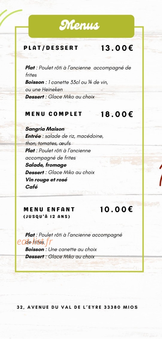 Carte et menu de Rôtisserie Du Val De L'eyre à Mios — Les menus
