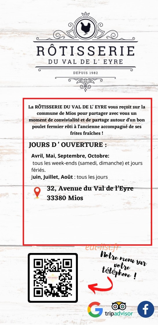 Carte et menu Rôtisserie Du Val De L'eyre Mios