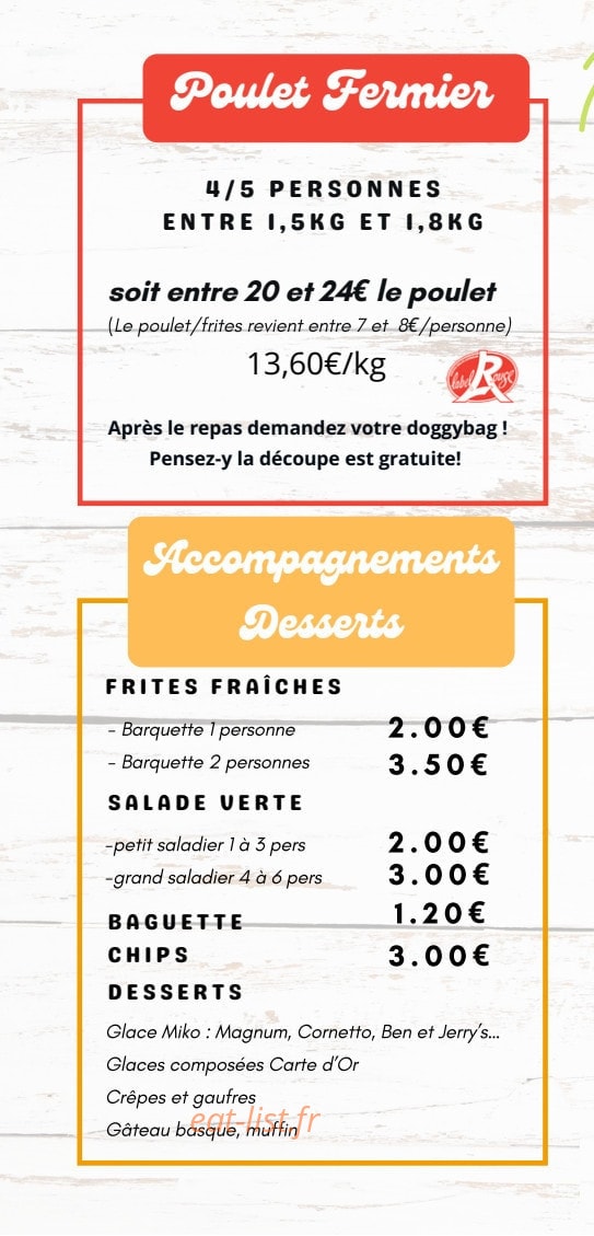 Carte et menu de Rôtisserie Du Val De L'eyre à Mios — Les poulet fermier, accompagnements, ...