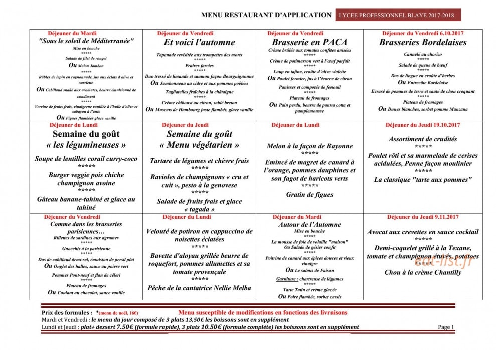 Restaurant d'Application — carte page 1