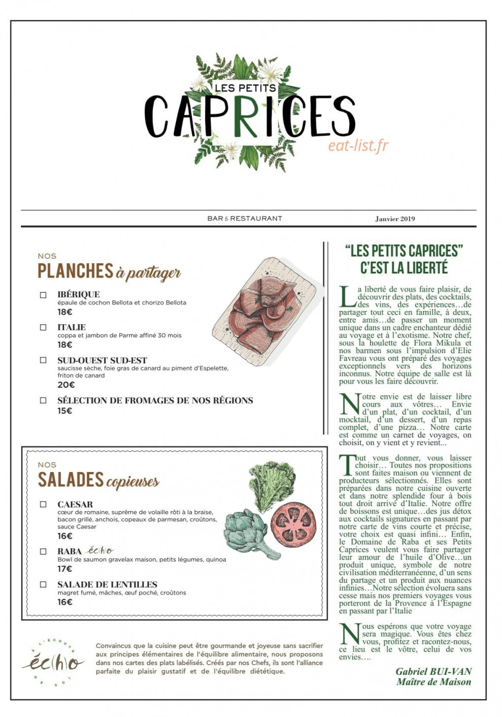 Les Petits Caprices — carte page 1