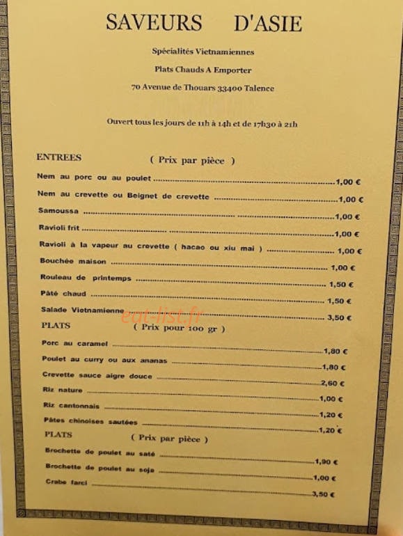 Saveurs d'Asie — carte page 1