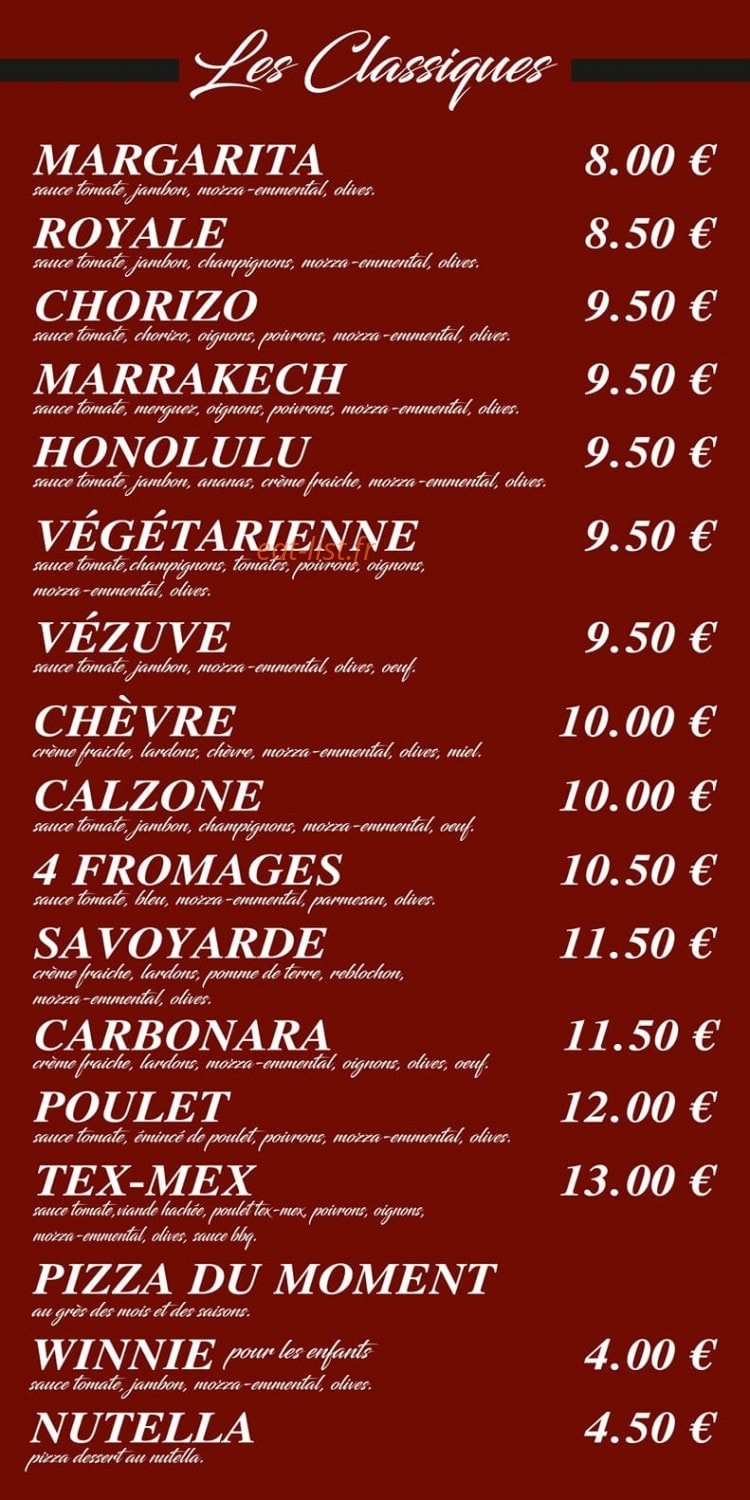 Carte et menu de Au festival des pizzas à Branne — Les pizzas classiques