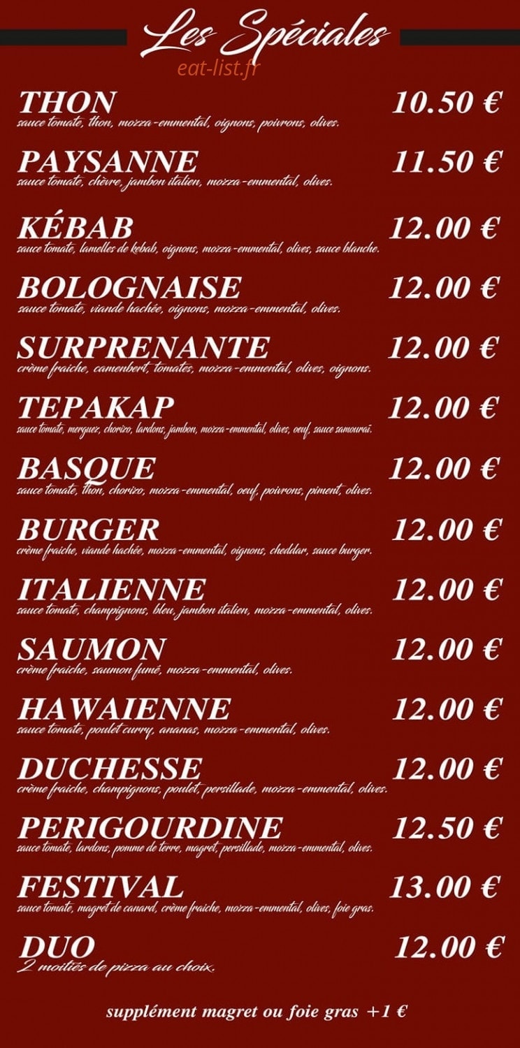 Carte et menu de Au festival des pizzas à Branne — Les pizzas spéciales