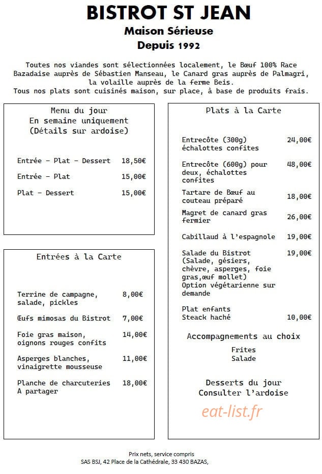 Bistrot Saint Jean — carte page 1