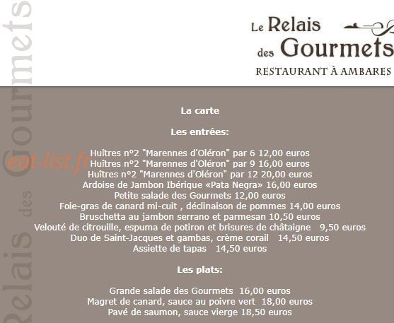 Carte et menu de Le Relais Des Gourmets à Ambares et Lagrave — La carte et plats