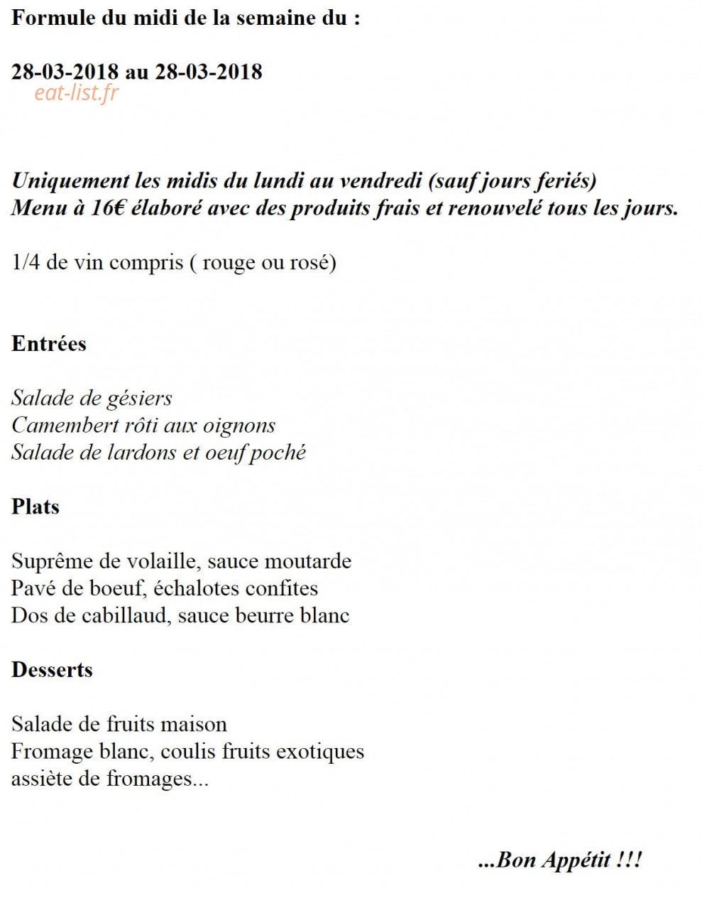 Carte et menu de Le Relais Des Gourmets à Ambares et Lagrave — exemple de formule