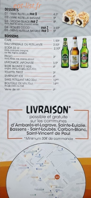 Carte et menu de Sawadee Sushi à Ambares et Lagrave — Les desserts et boissons