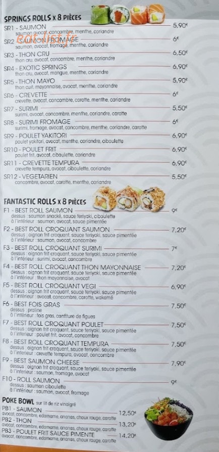 Carte et menu de Sawadee Sushi à Ambares et Lagrave — Les springs rolls, fantastic rolls et poké bowls