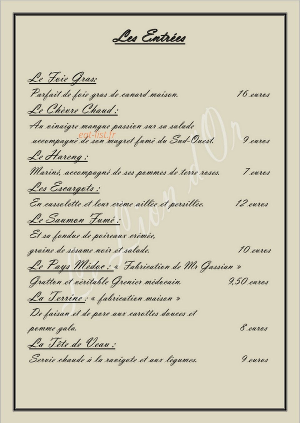 Le Lion d'Or — carte page 2