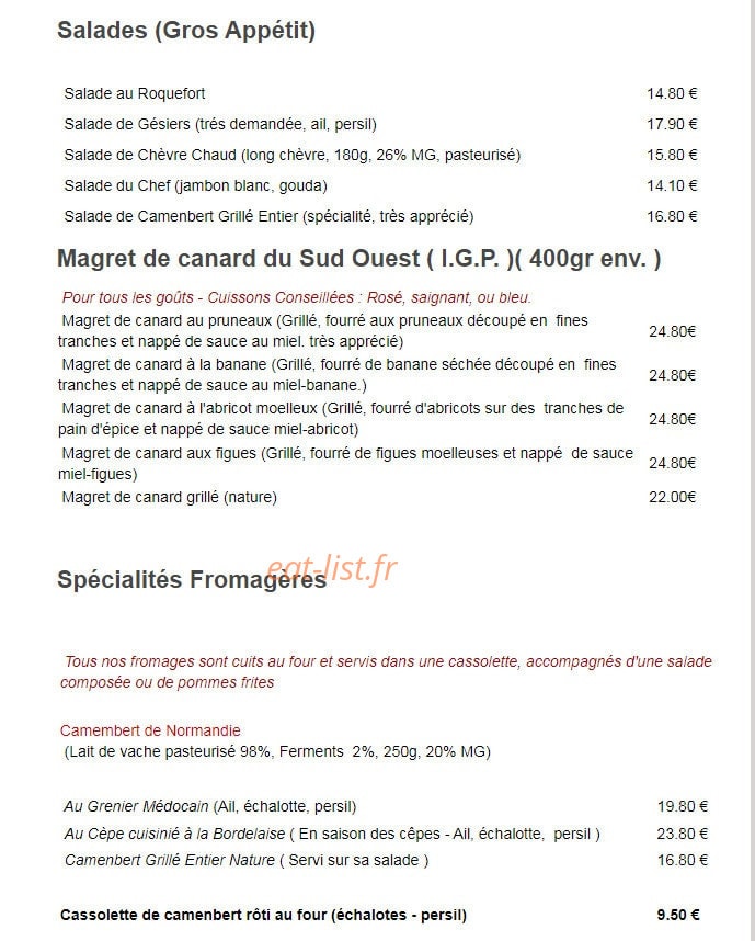Auberge Des Grands Vins — carte page 2