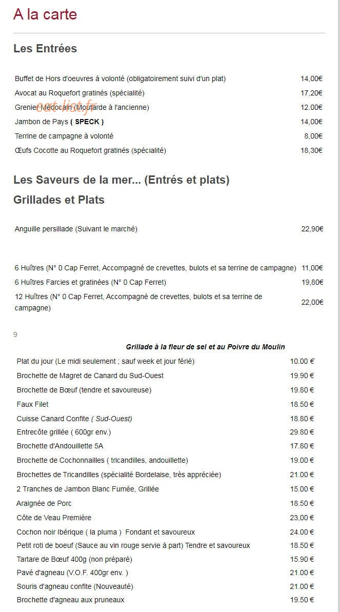 Auberge Des Grands Vins — carte page 1