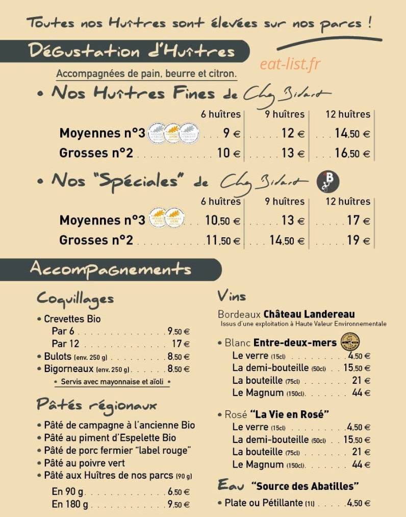 Carte et menu de Chez Bidart à Gujan Mestras — Les dégustations d&amp;#039;huitres et accompagnements