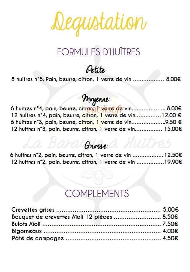 Carte et menu de La Baraque à Huîtres à Gujan Mestras — Formules d’huîtres et compléments