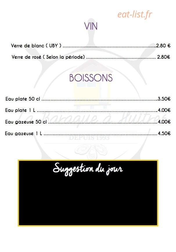 Carte et menu de La Baraque à Huîtres à Gujan Mestras — Vins et boissons