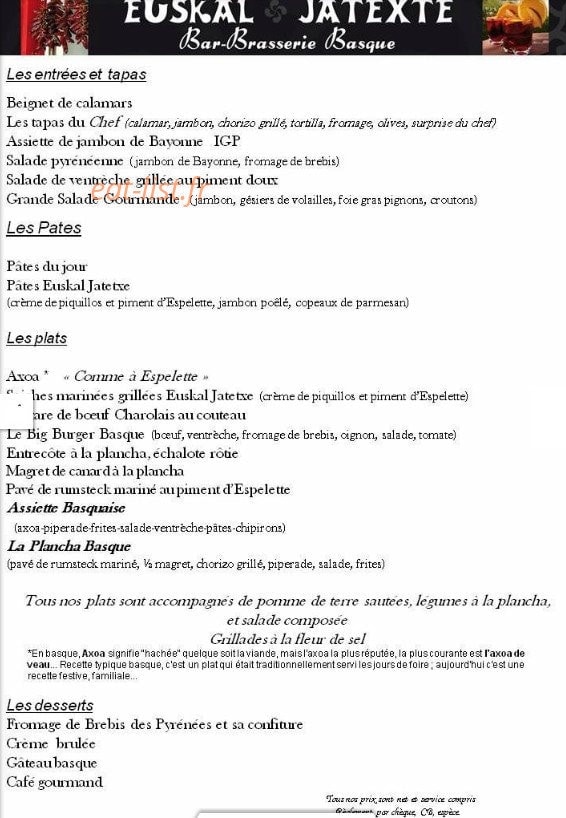 La Brasserie Basque — carte page 1