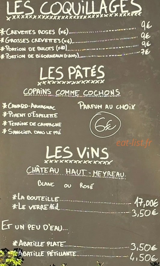 Carte et menu de La Cabane des Jaud à Gujan Mestras — Les coquillages, pâtés et vins
