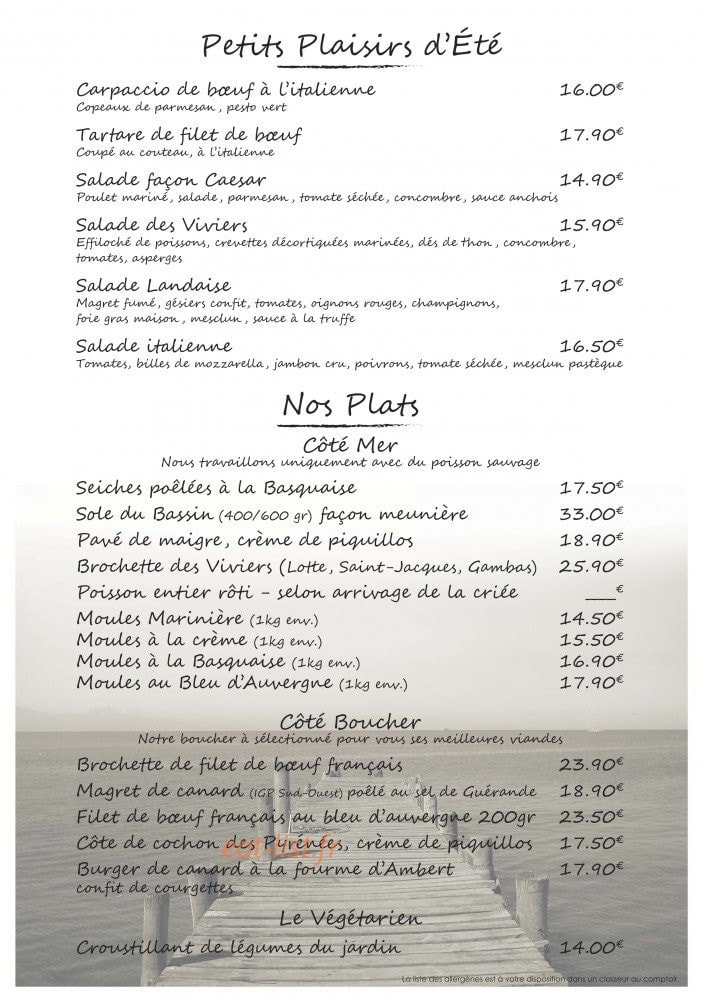 Carte et menu de Les Viviers à Gujan Mestras — Les plats et petits plaisirs d'été