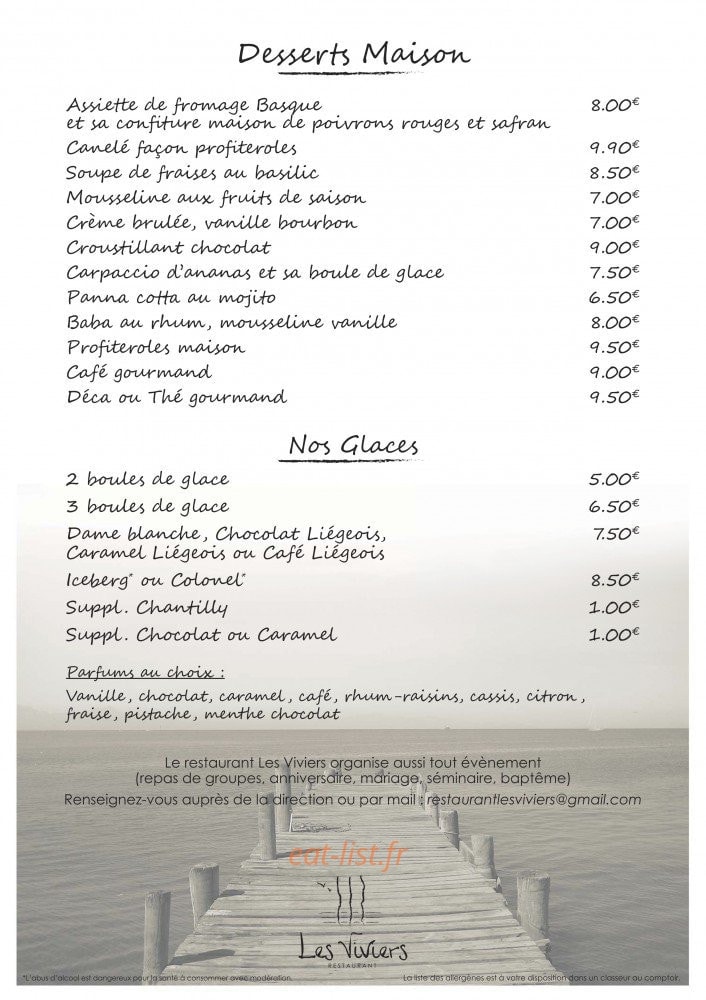 Carte et menu de Les Viviers à Gujan Mestras — Les desserts et glaces