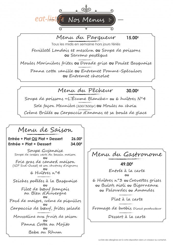 Carte et menu de Les Viviers à Gujan Mestras — Les menus