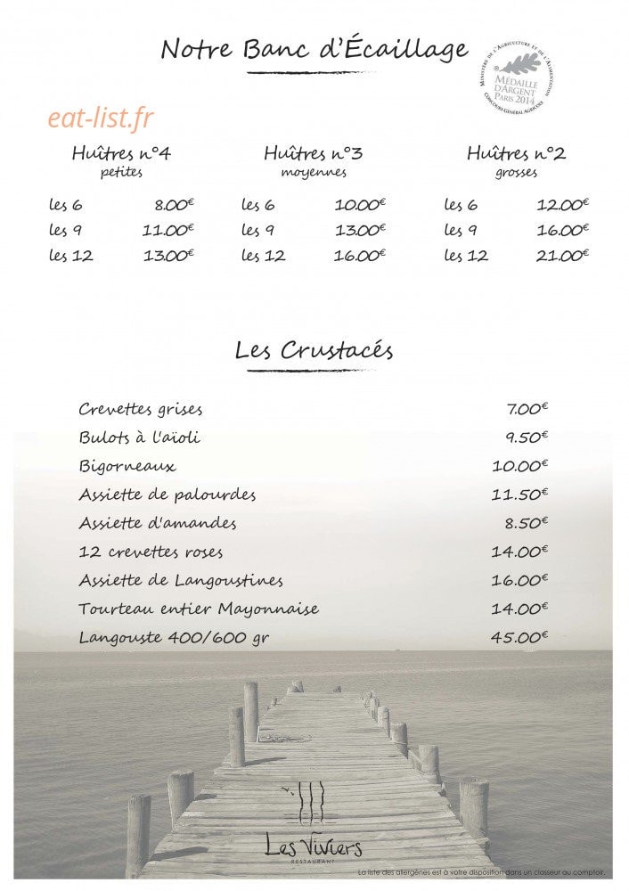 Carte et menu de Les Viviers à Gujan Mestras — Les huîtres et crustacés