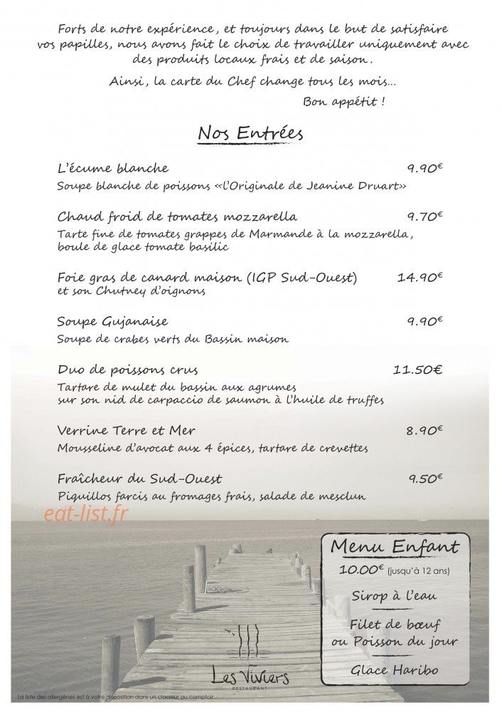 Carte et menu de Les Viviers à Gujan Mestras — Les entrées et le menu enfant
