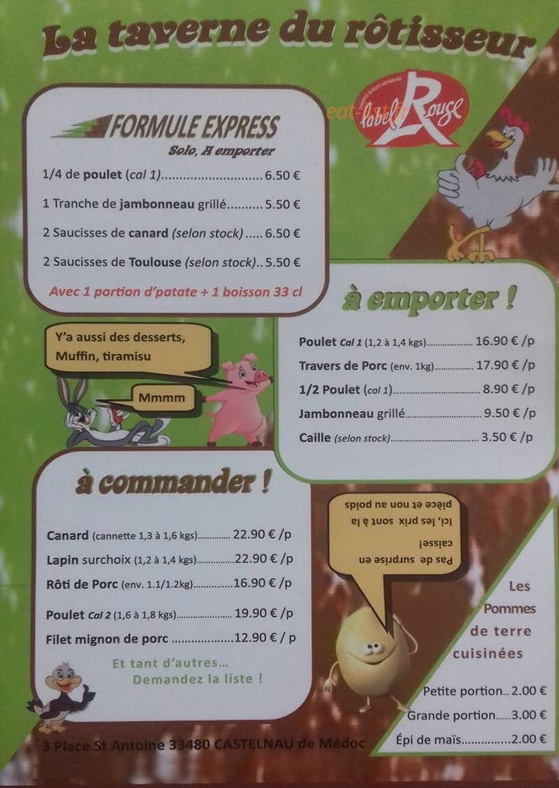 Carte et menu de La Taverne du Rotisseur à Castelnau de Medoc — Les menus