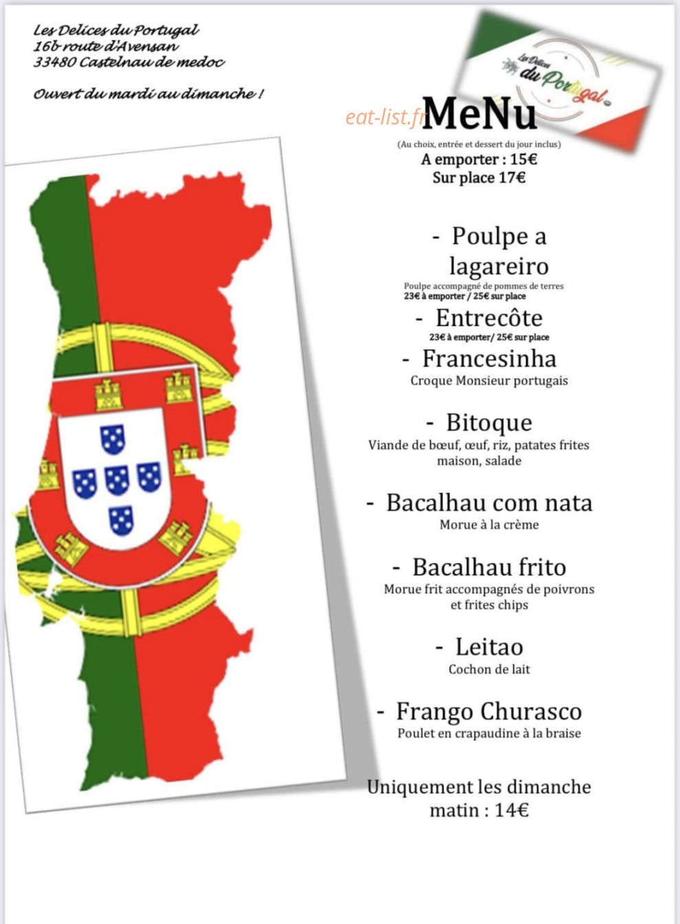 Carte et menu de Les délices du Portugal à Castelnau de Medoc — Les menus