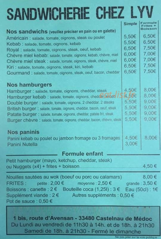 Sandwicherie chez Lyv — carte page 1