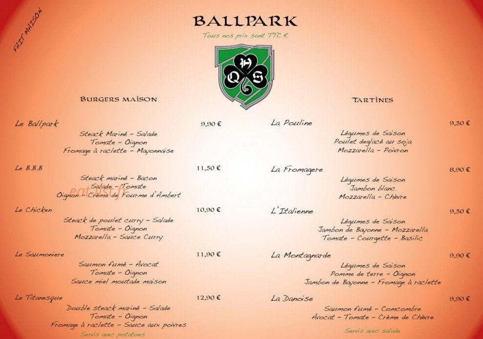 Ballpark Pub — carte page 1