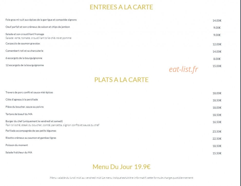 MA Restaurant — carte page 1