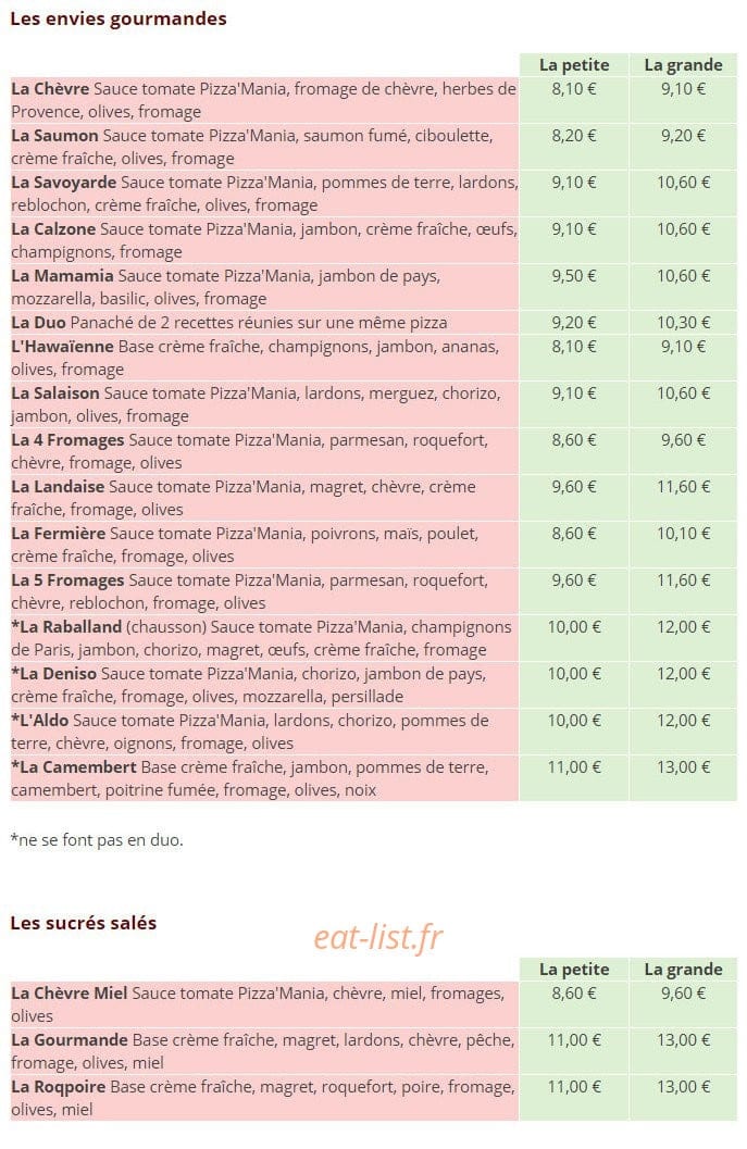 Pizza Mania — carte page 2