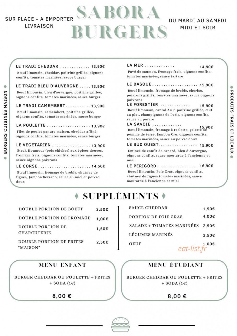 Sabora Burgers — carte page 1