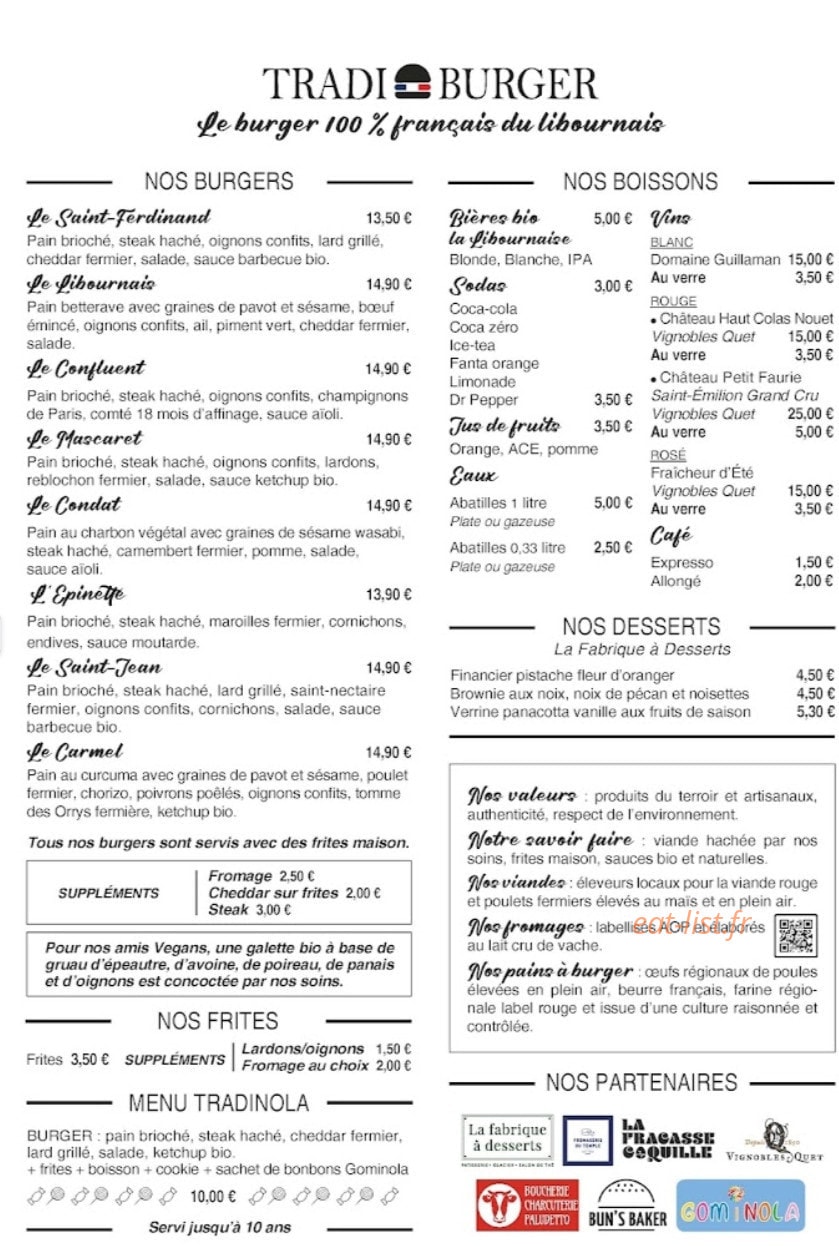 Tradi Burger — carte page 1