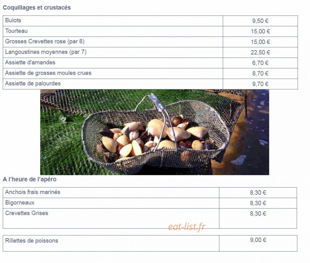 Carte et menu de Chez Eliette à Andernos les Bains — Coquillages, crustacés et apéro