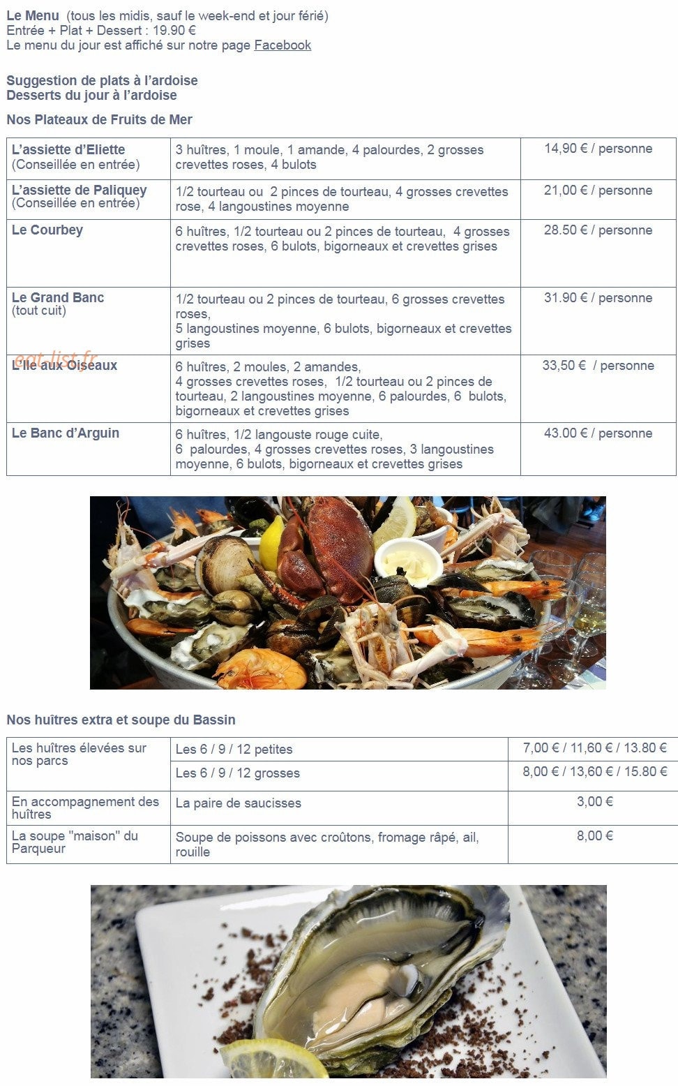 Carte et menu de Chez Eliette à Andernos les Bains — Menus, plateaux de fruits de mer, huîtres extra et soupe du bassin