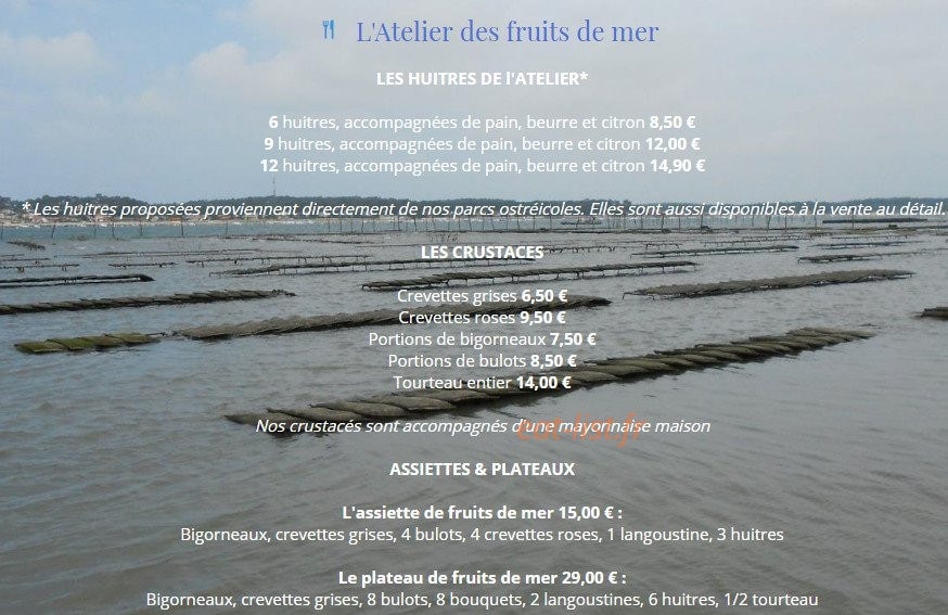 Carte et menu de L'Atelier à Andernos les Bains — Huîtres, crustacés, assiettes,...