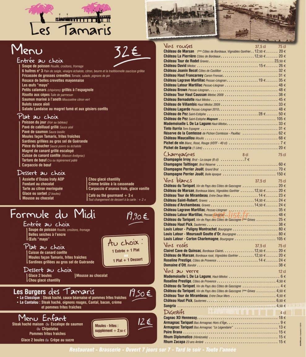 Carte et menu de Les Tamaris à Andernos les Bains — Les menus, burgers,...