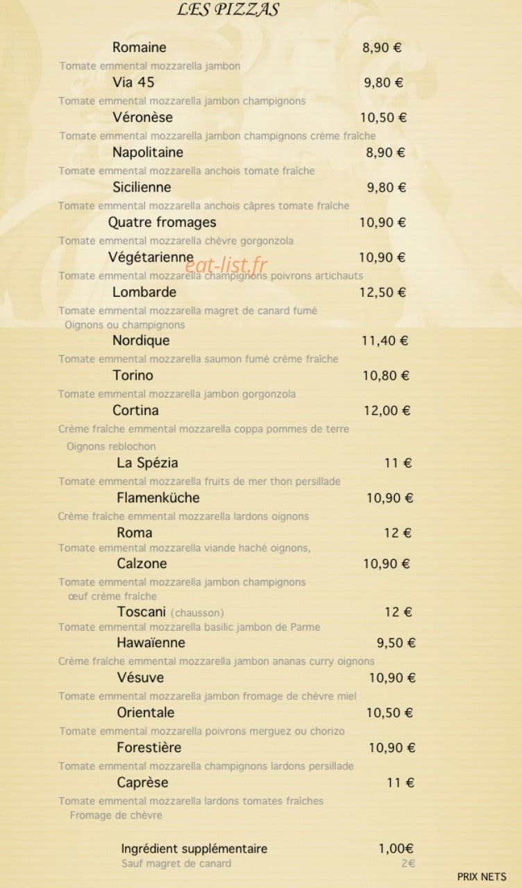 Pizzeria 45 — carte page 1