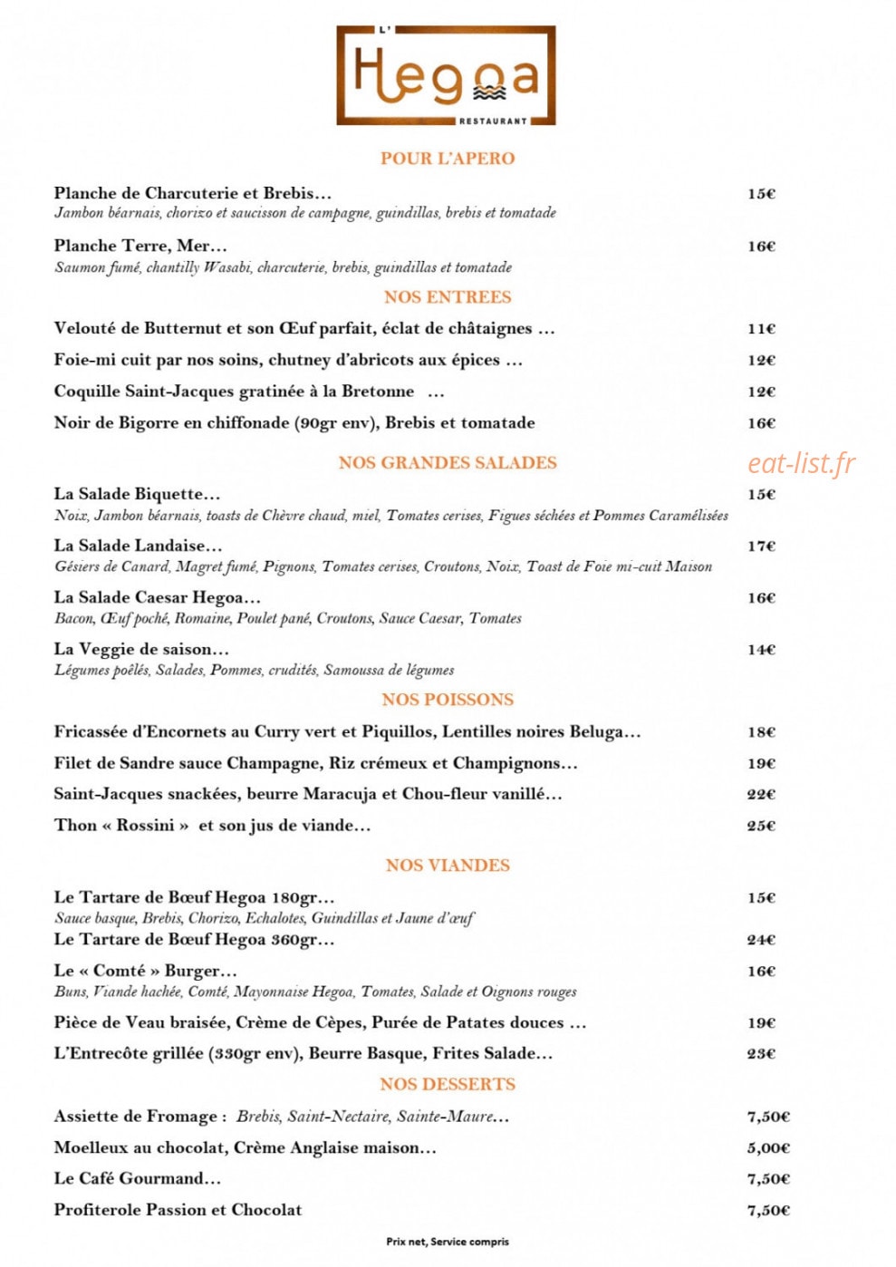 L'Hegoa Restaurant — carte page 2