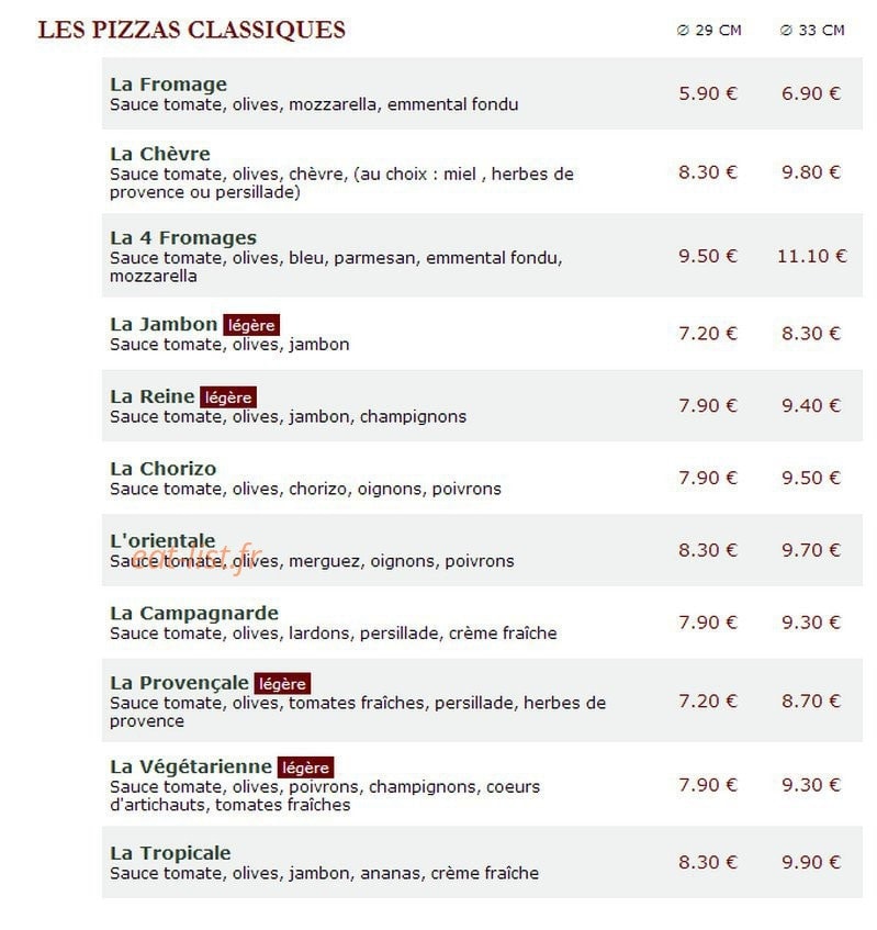 Le Kiosque à Pizzas — carte page 1