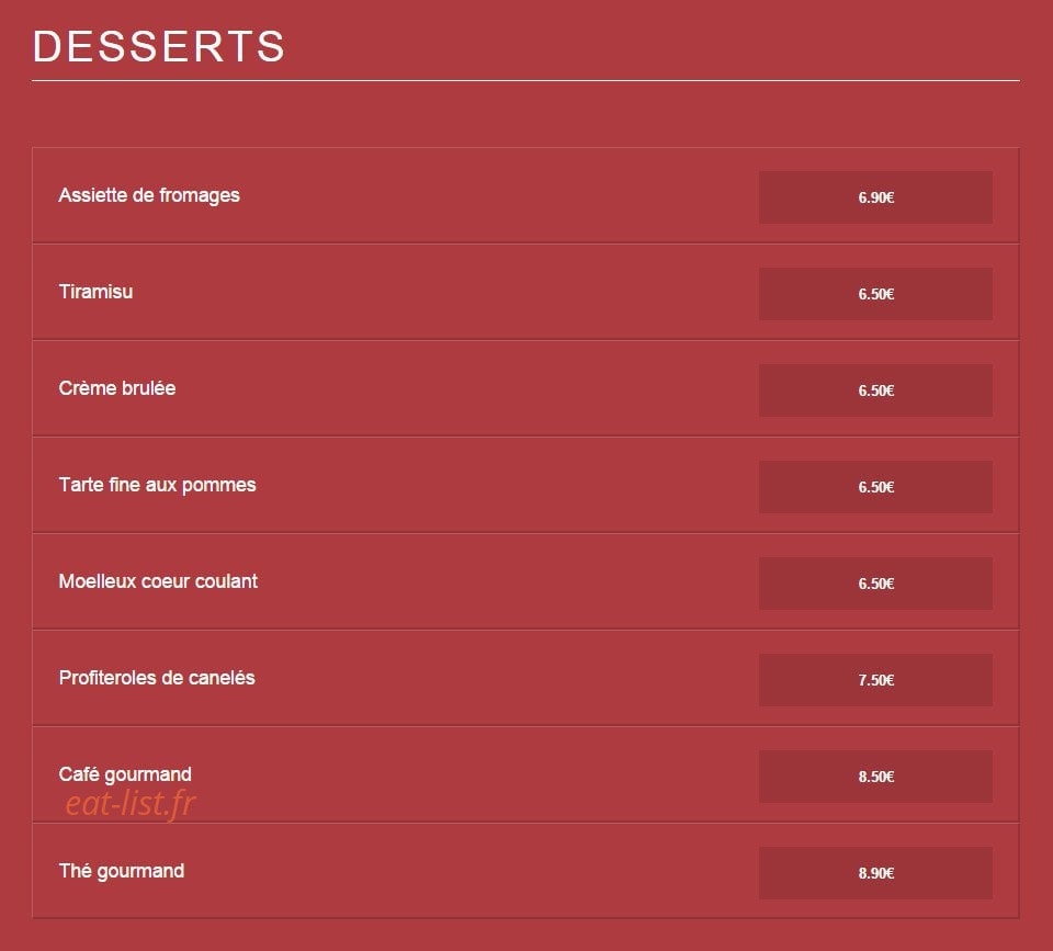Carte et menu de Le Brasserie de l' Hôtel de ville à Pessac — Les desserts