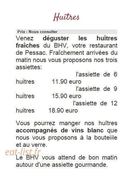 Carte et menu de Le Brasserie de l' Hôtel de ville à Pessac — Les huîtres