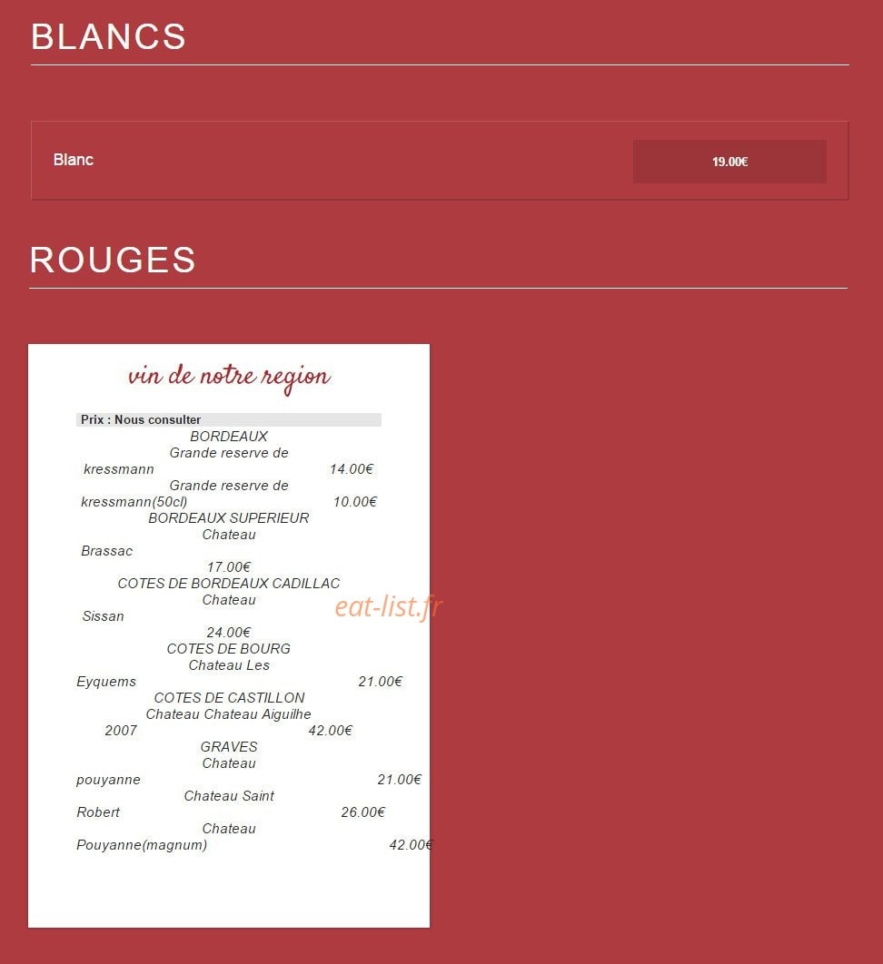 Carte et menu de Le Brasserie de l' Hôtel de ville à Pessac — Les vins