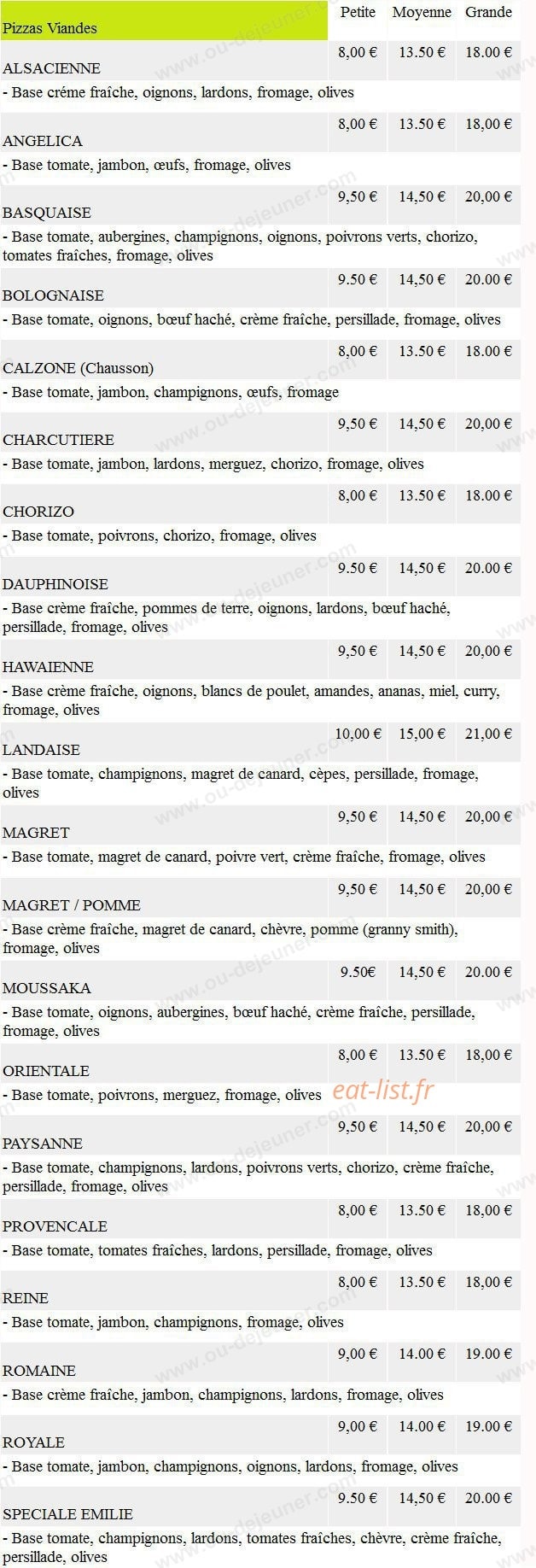 Les Pizzas d'Emilie — carte page 1
