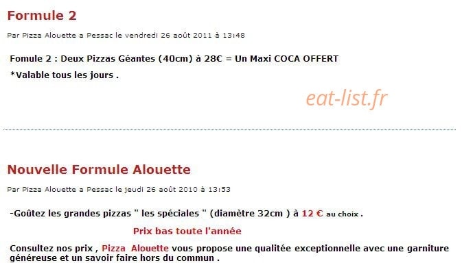 Pizza Allouette — carte page 1