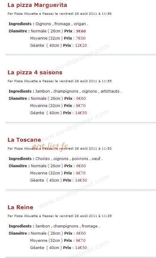 Pizza Allouette — carte page 2