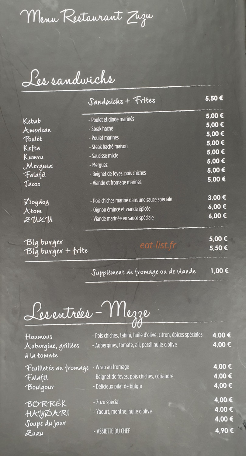 ZuZu Restaurant — carte page 1