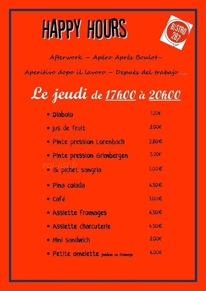 Bistro 287 — carte page 1