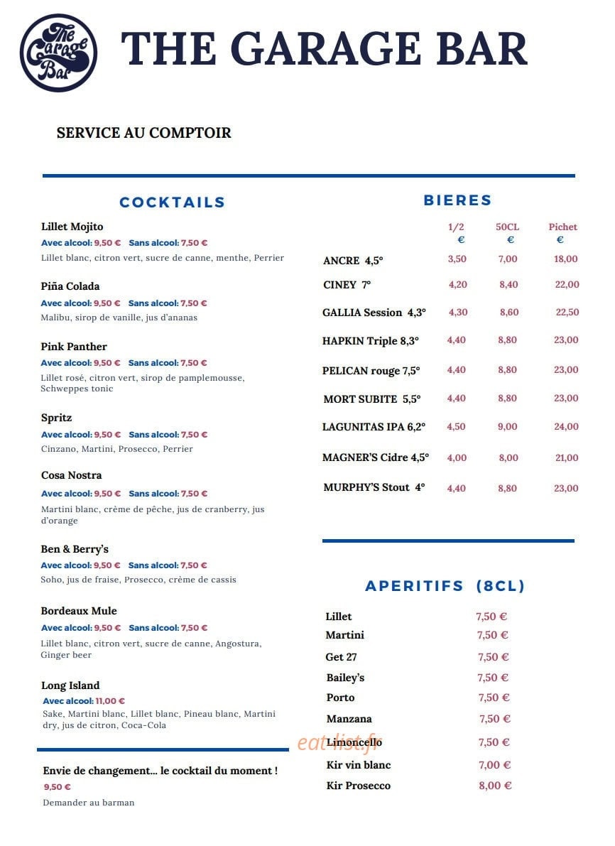 The garage bar — carte page 1